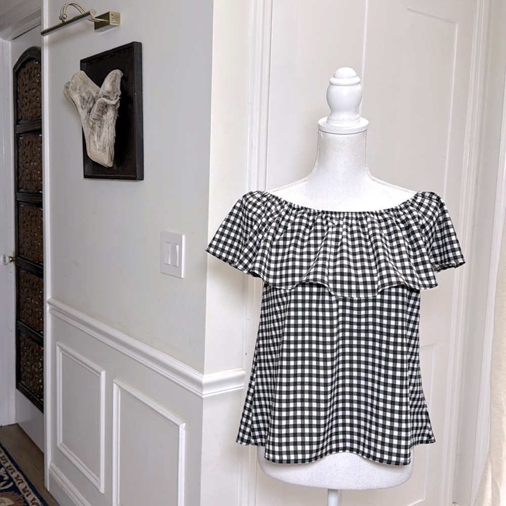 Sanctuary Gingham Off Shoulder Ruffle Top Black White‎ Boxy Women’s S